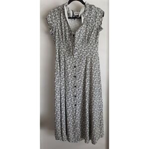 VTG 90s Sequel Women Midi Dress Black White Floral Short Sleeve Front Bow